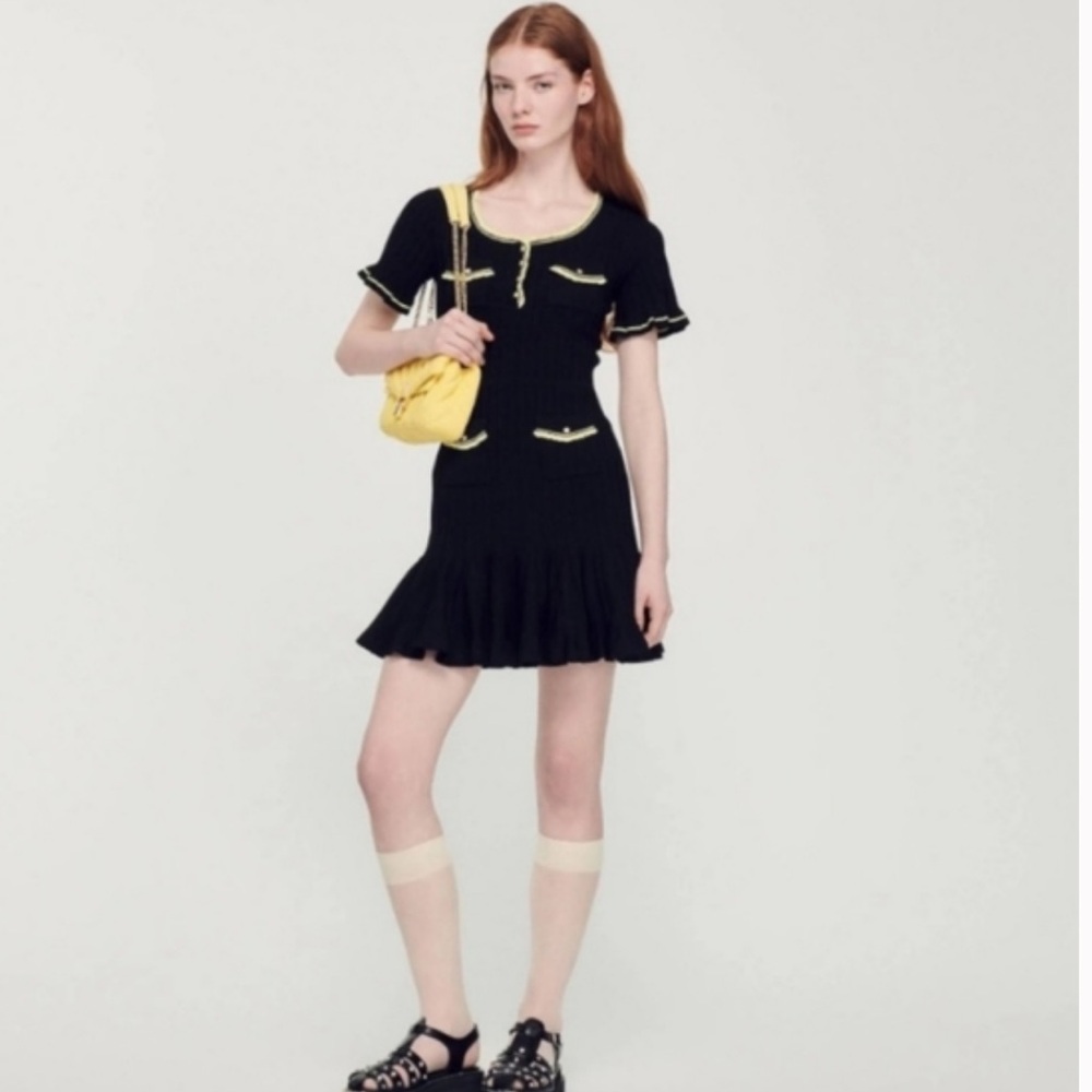 Sandro Charmette Contrast Trim Dress with Green Trim